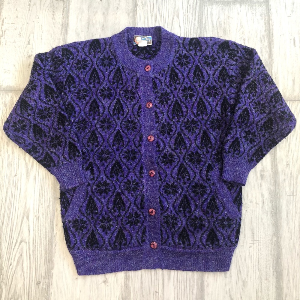 Vintage Fuzzy Cardigan Purple Sweater 80’s Retro